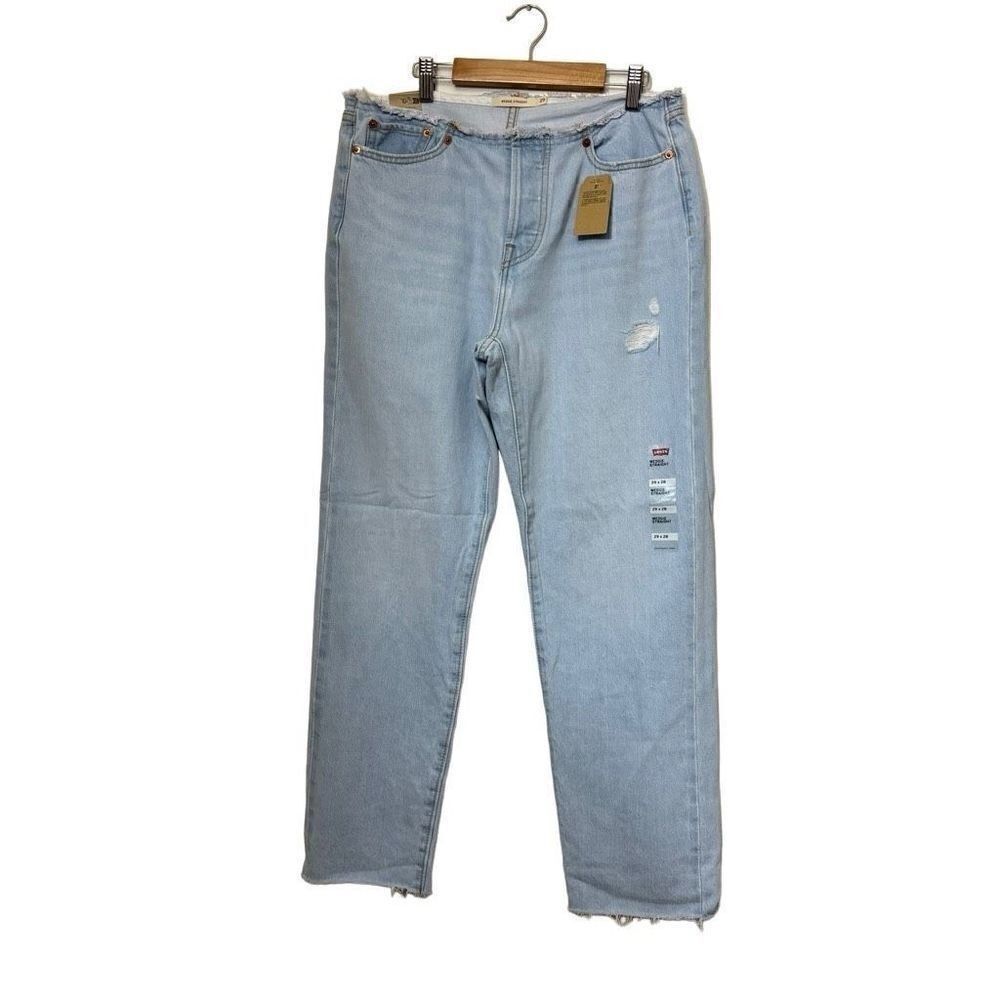 Levi’s Wedgie Straight Ripped Waistband Jeans light indigo destructed blue new